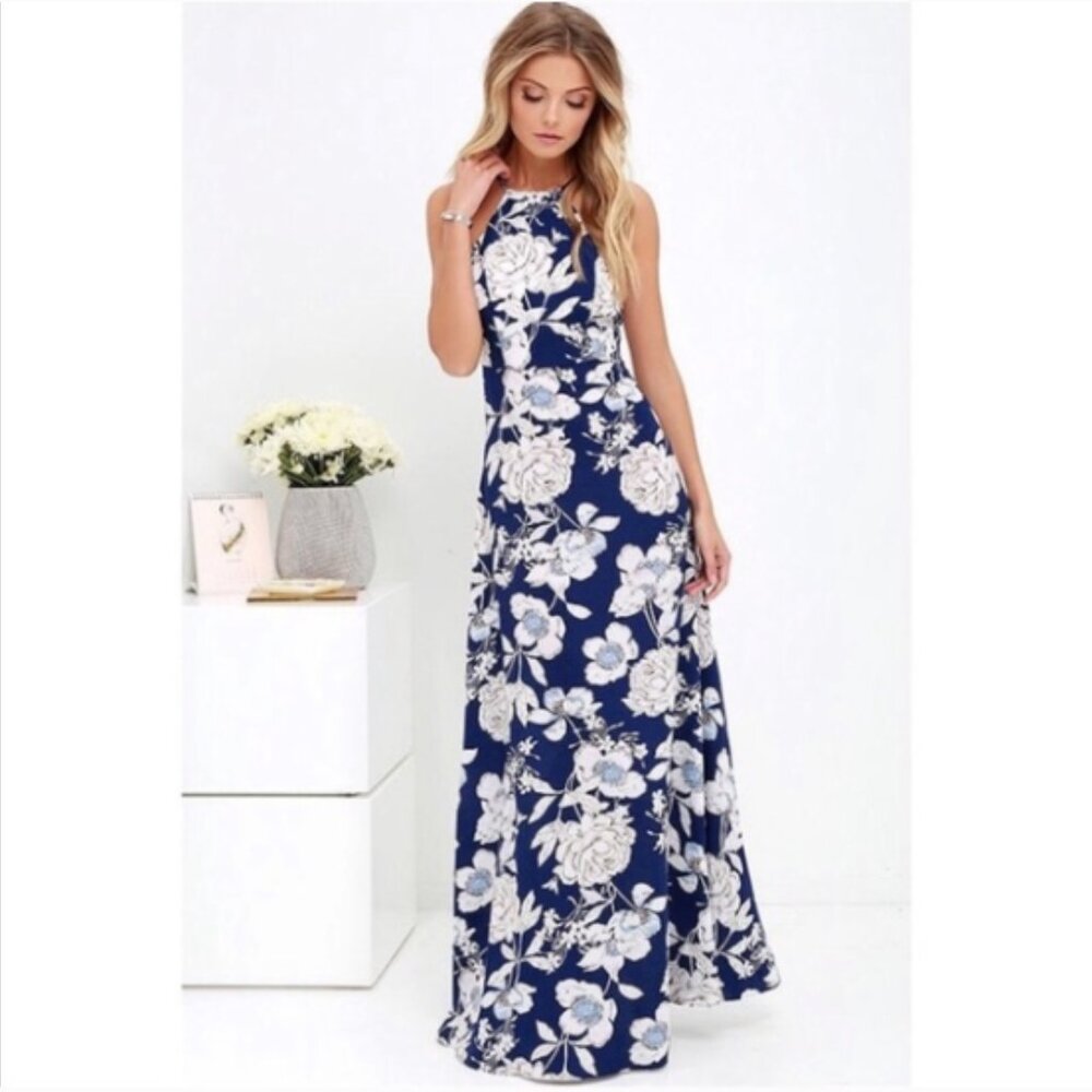 Lulus In Blossom Blue Floral Print Maxi Dress Halter Style Fall Floral Sz Medium